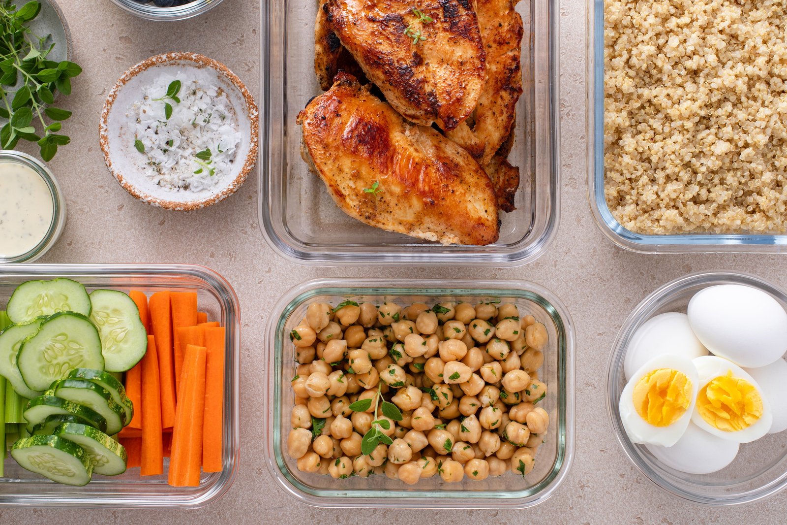 High protein healthy lunch meal prep in containers with chicken, quinoa, chickpeas, vegetables eggs